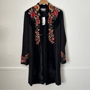 NWT Vintage Collection Velvet Embroidered Floral Boho Long Cardigan Black Small